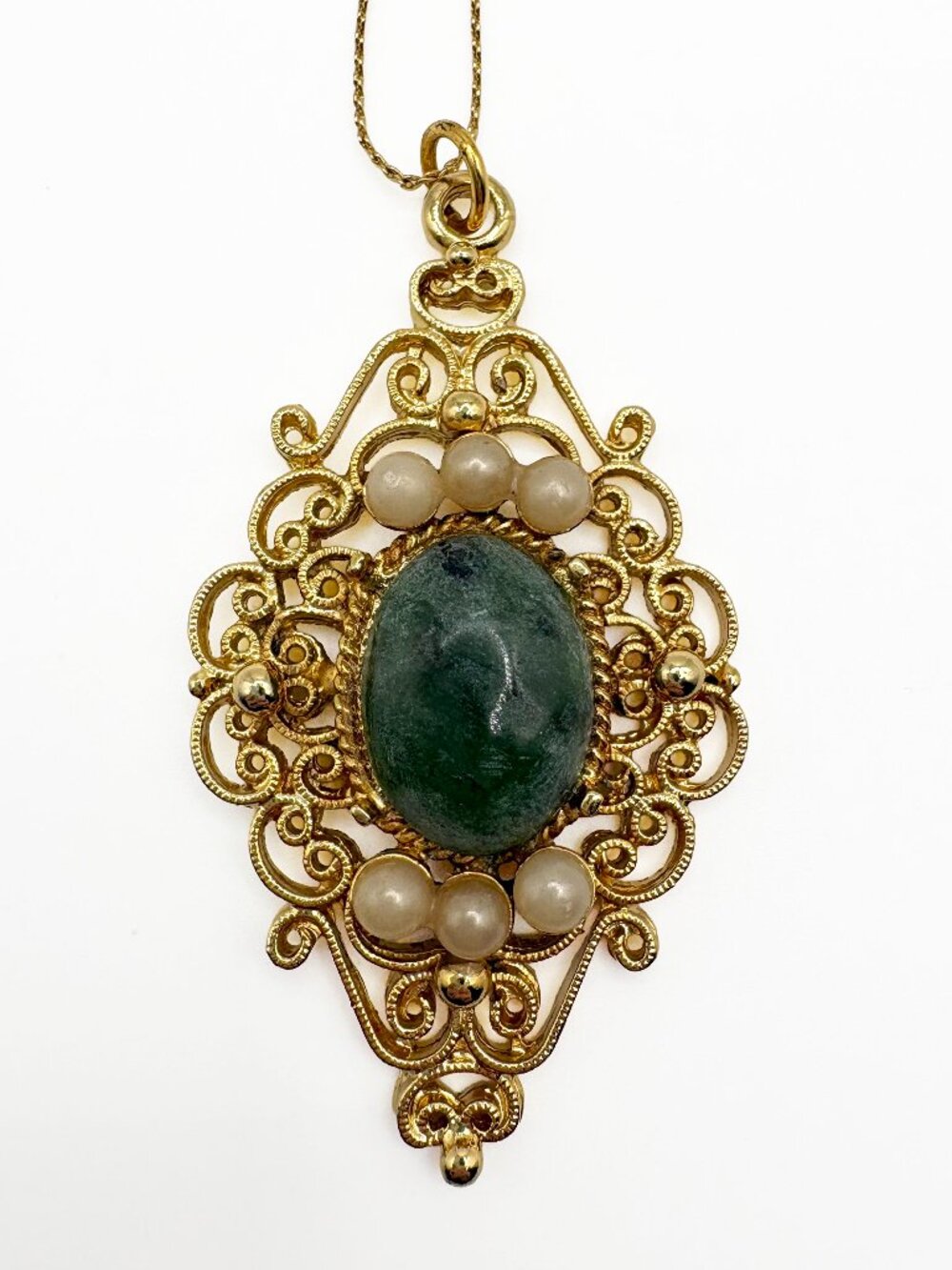 Vintage Victorian Revival Jade Faux Pearl Filigree Statement Necklace